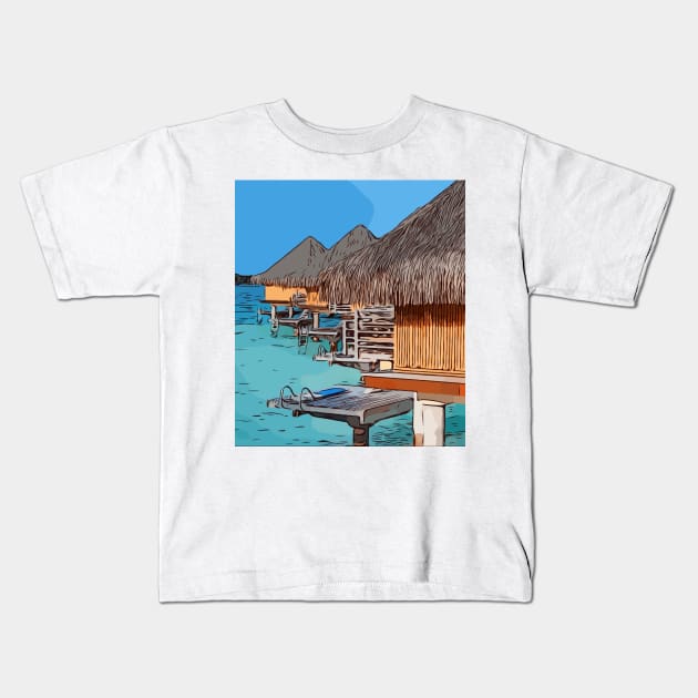 Bora Bora Bungalows Kids T-Shirt by WelshDesigns